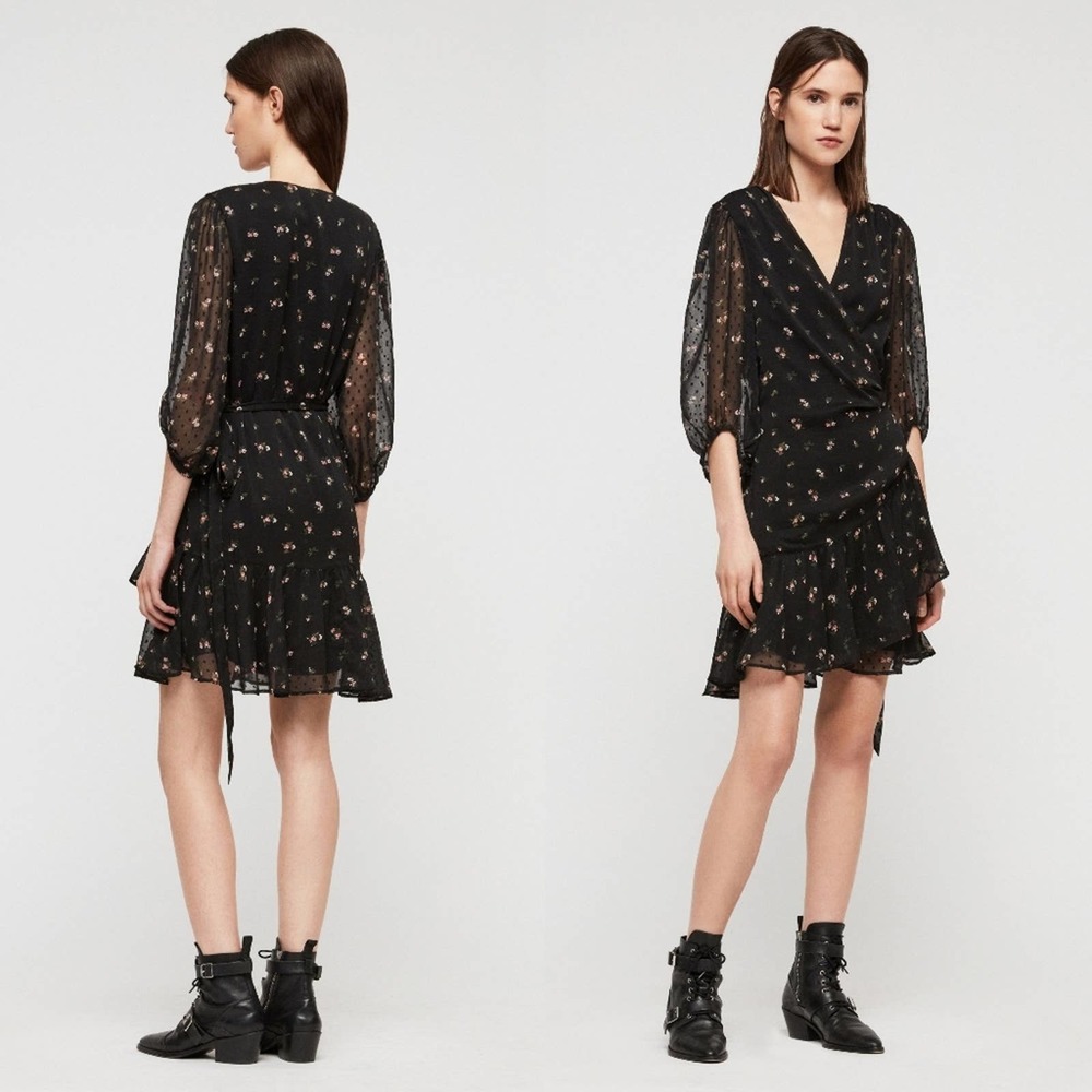 All Saints Jade Aster Ditsy Floral Ruffled Wrap Black Mini Dress Size XS